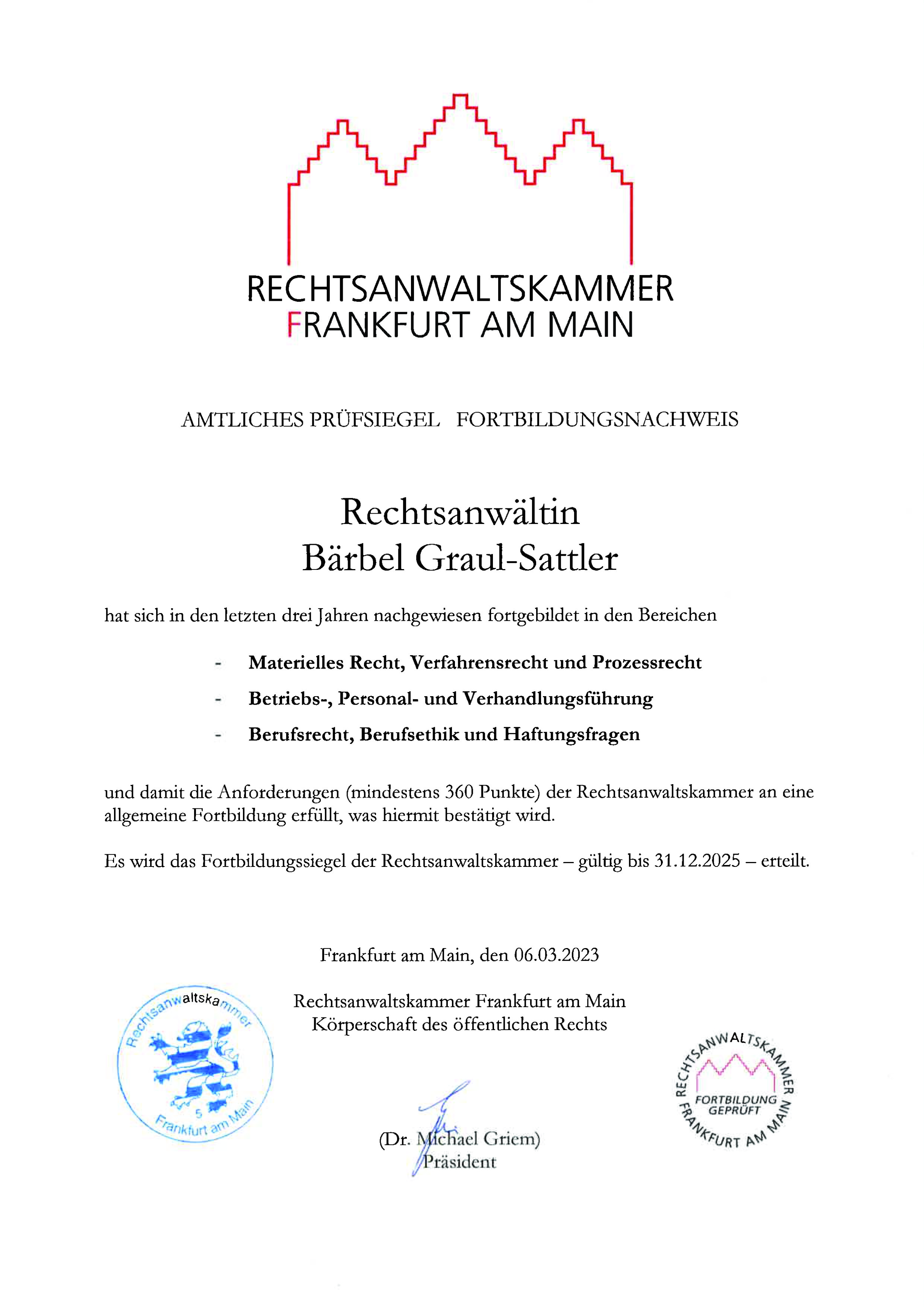 Fortbildungsnachweis Rechtsanwaltkammer Frankfurt am Main