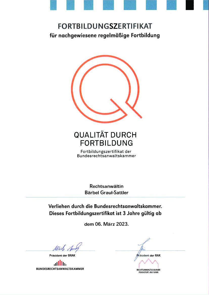 Fortbildungszertifikat Bundesrechtsanwaltkammer